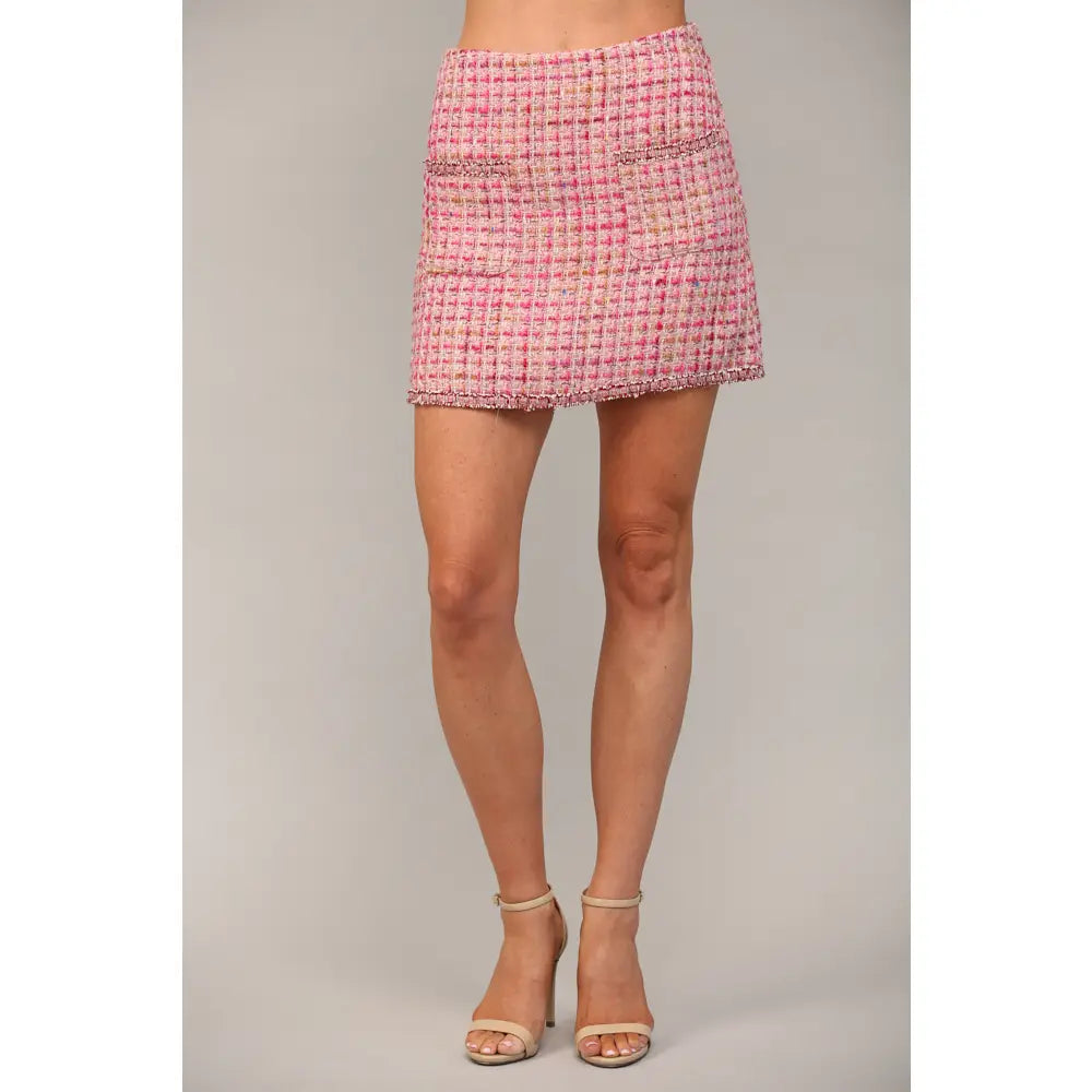 Tape Trimmed Two Front Patch Pocket Tweed Skirt