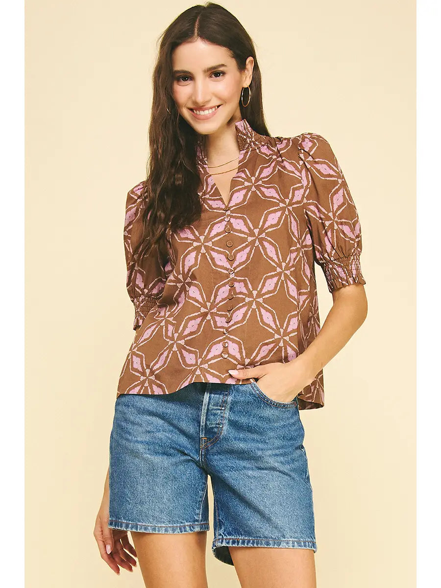 Print Button Detailed Blouse Top Pinch