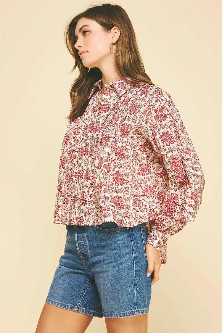Floral Print Pleat Detail Shirt Pinch