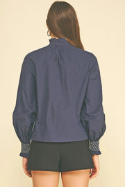 Ruffled Mock Neck Shirt with Smocked Cuff Pinch