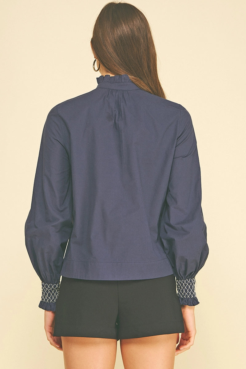 Ruffled Mock Neck Shirt with Smocked Cuff Pinch