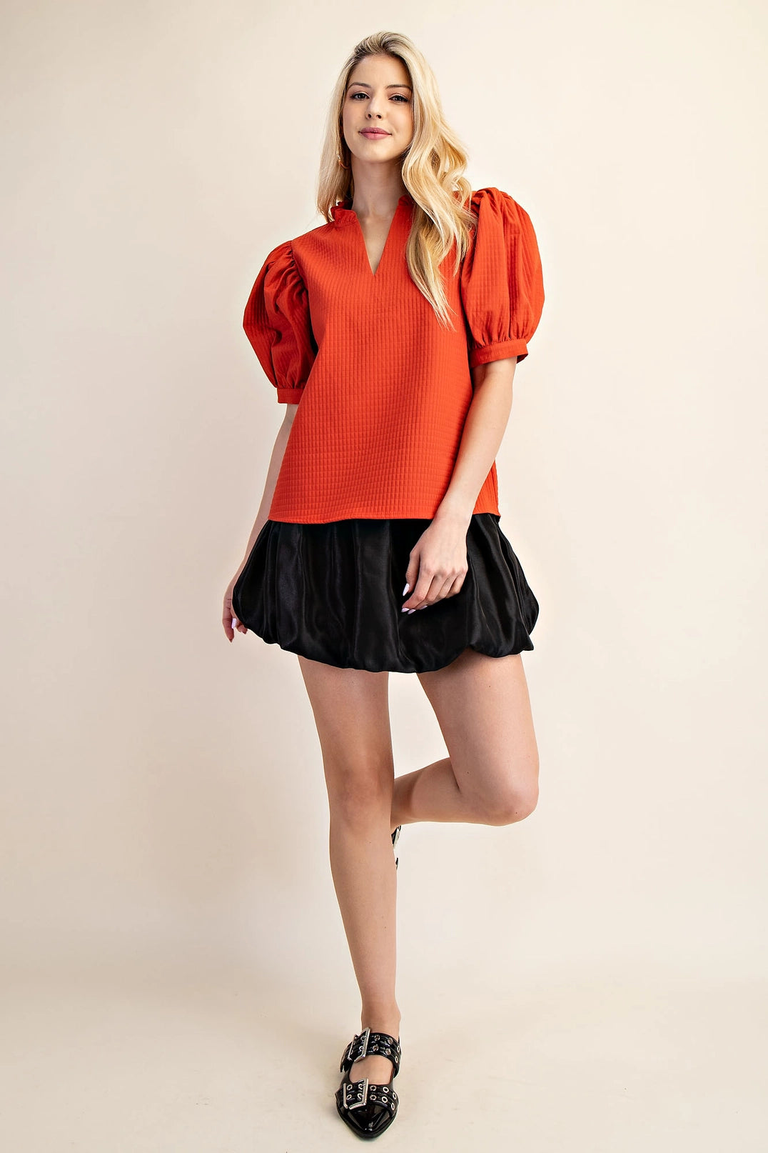 Ruffle V-Neck Puff Sleeve Top Glam