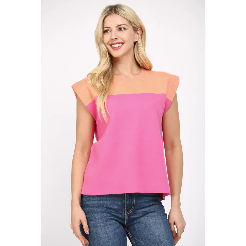 Color Block Sleeveless Crew Neck Sweater