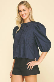 Puffed Sleeve Tie Front Top Pinch