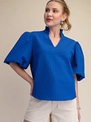 Puff Sleeve Ruffled Neck Textured Fabric Top Glam