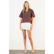 Contrast Stitch Puff Sleeve V-Neck Top THML