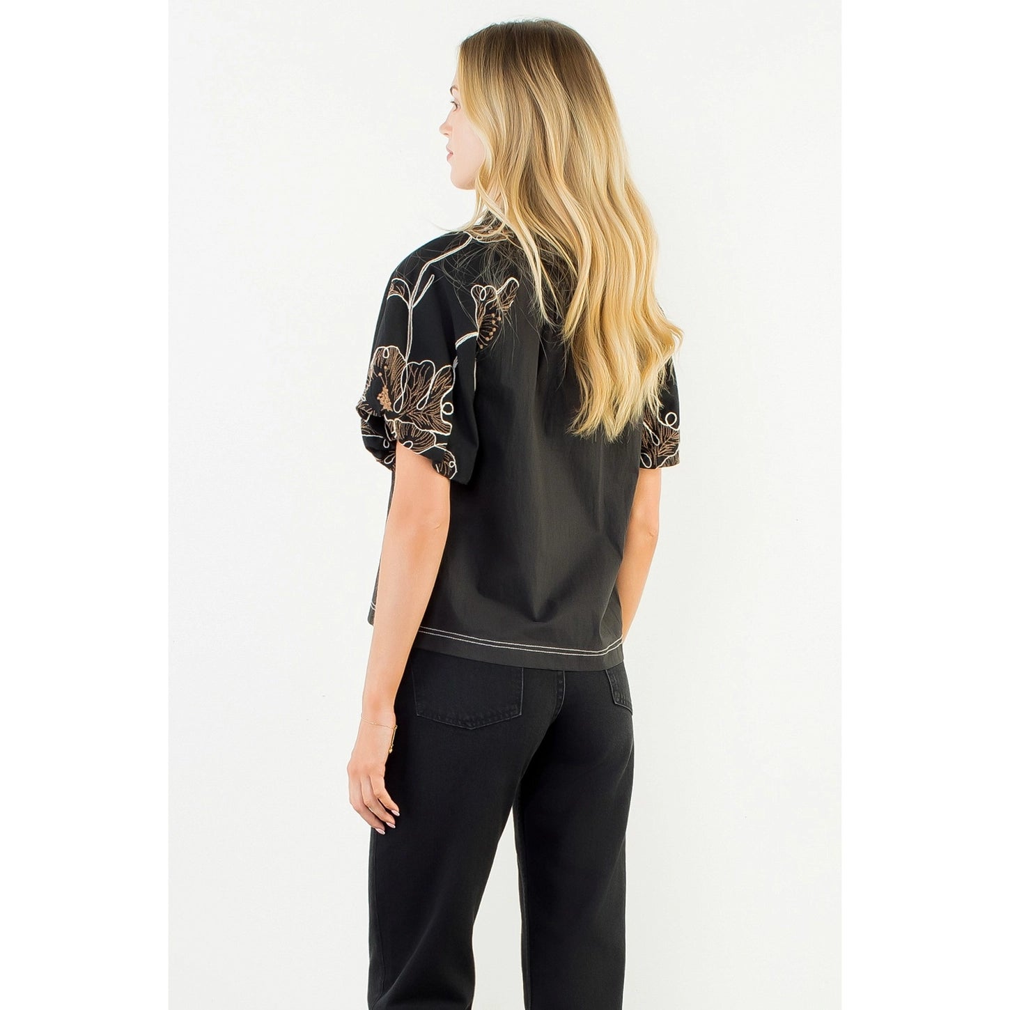 Puff Sleeve with Embroidery Detail Top THML