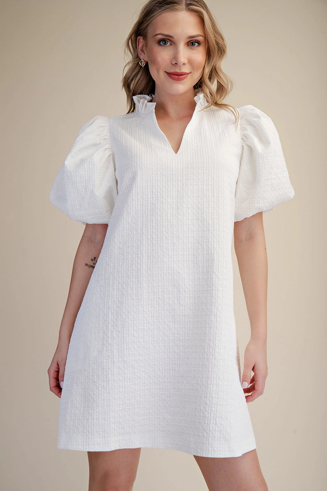 Textured Fabric Ruffle V-Neck Puff Sleeve Mini Dress Glam