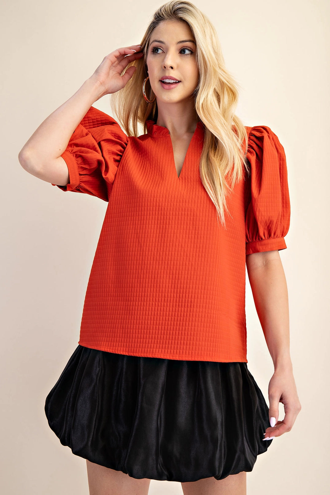 Ruffle V-Neck Puff Sleeve Top Glam
