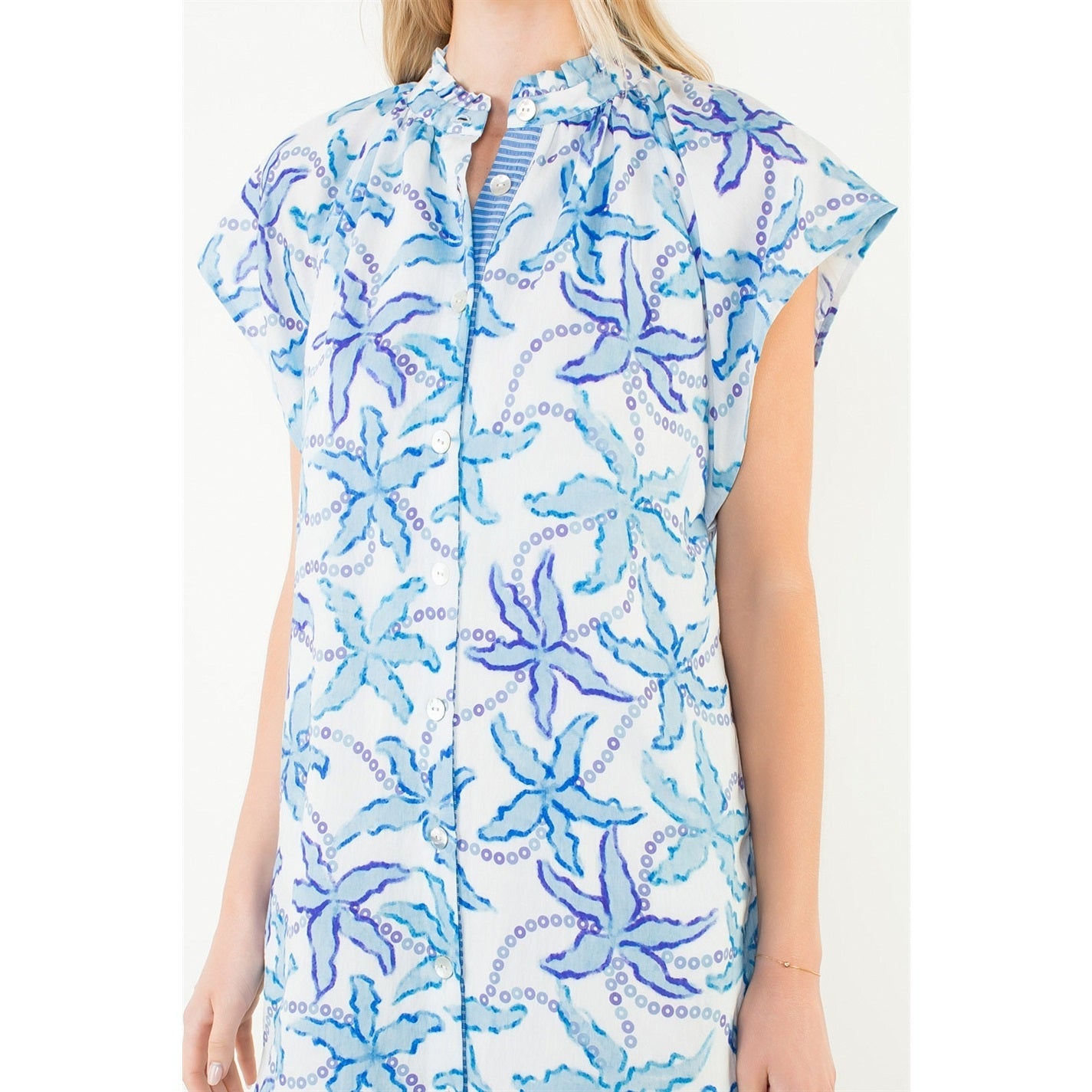 Short Sleeve Pattern Button Down Dress THML