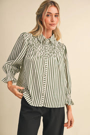 Striped Button Up Top with Diamond Smocked Yoke Merci