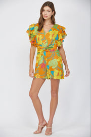 TROPICAL PRINT LINEN RUFFLE SLV ROMPER Shop Expeditions