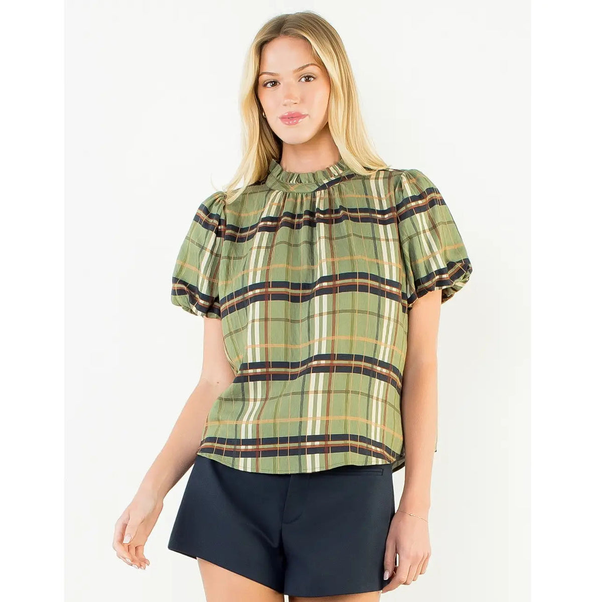 Ruffled Neck Plaid Top THML