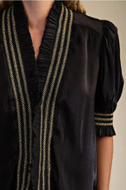 Ruffle V-Neck Smocked Puff Sleeve Blouse Glam