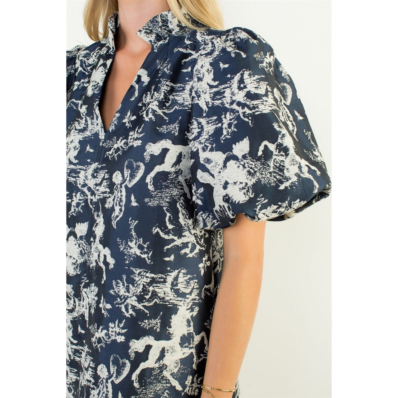 Puff Sleeve Print Detail V-Neck Dress