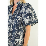 Puff Sleeve Print Detail V-Neck Dress THML