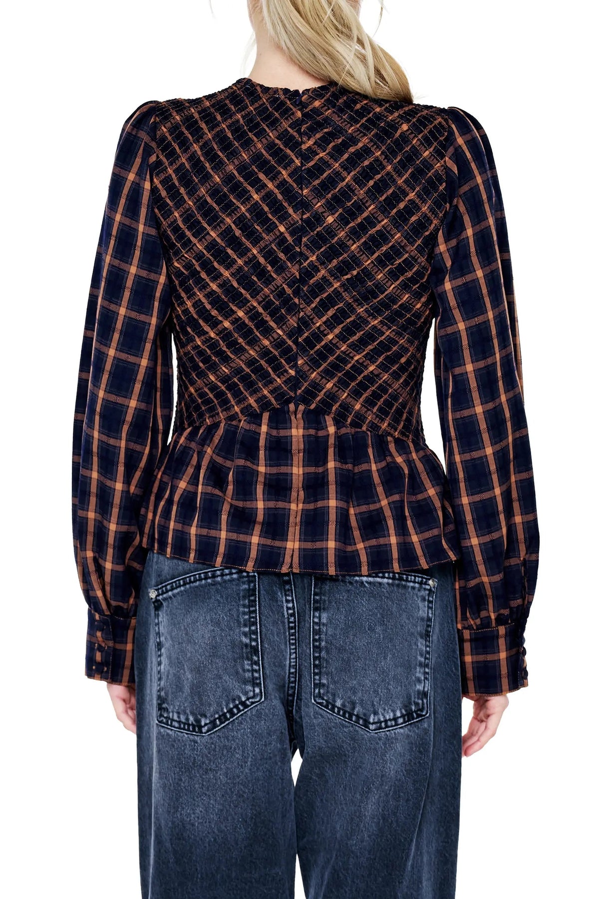 Larue Plaid Smocked Top Ciebon