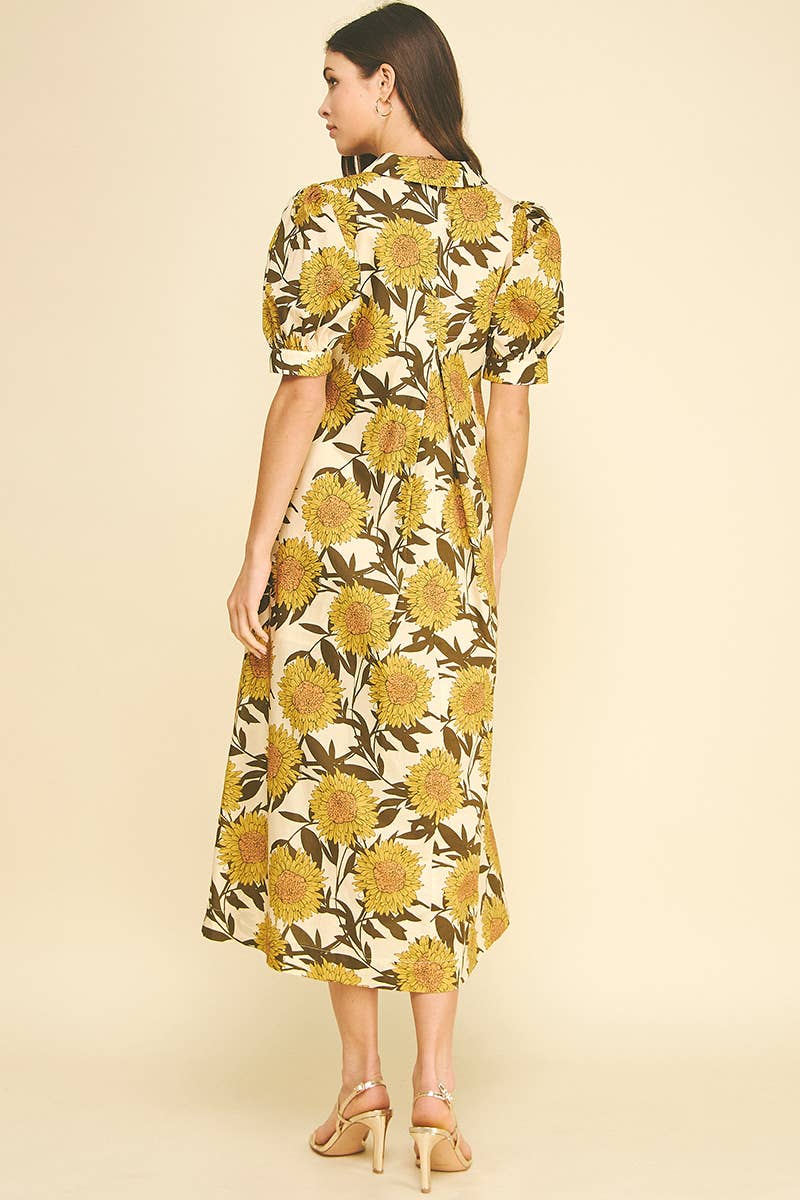 Golden Sunflower Puff Sleeve Midi Dress Pinch