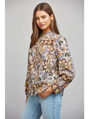 Border Print Ruffled Stand Collar Button Down Blouse Fate