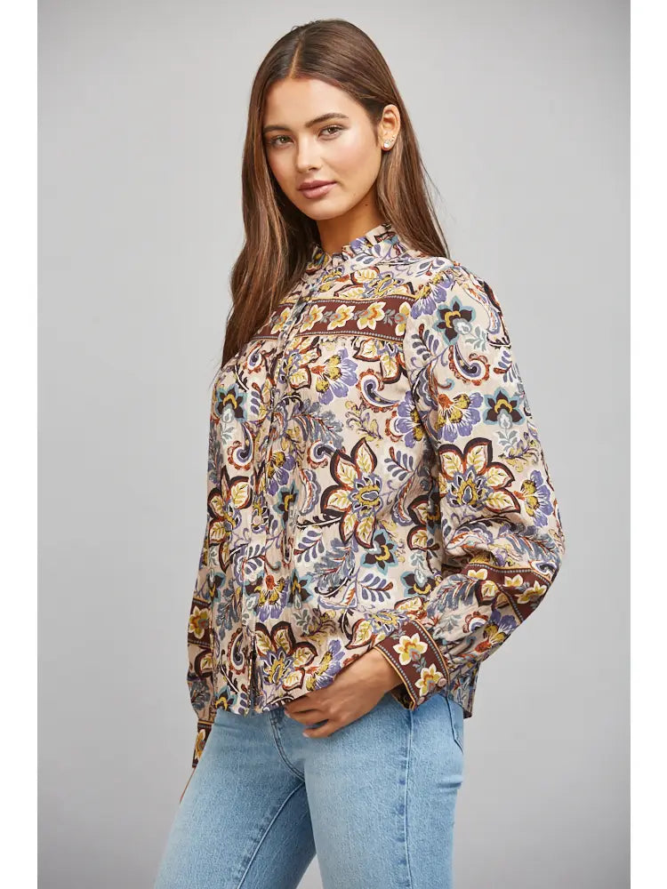 Border Print Ruffled Stand Collar Button Down Blouse Fate