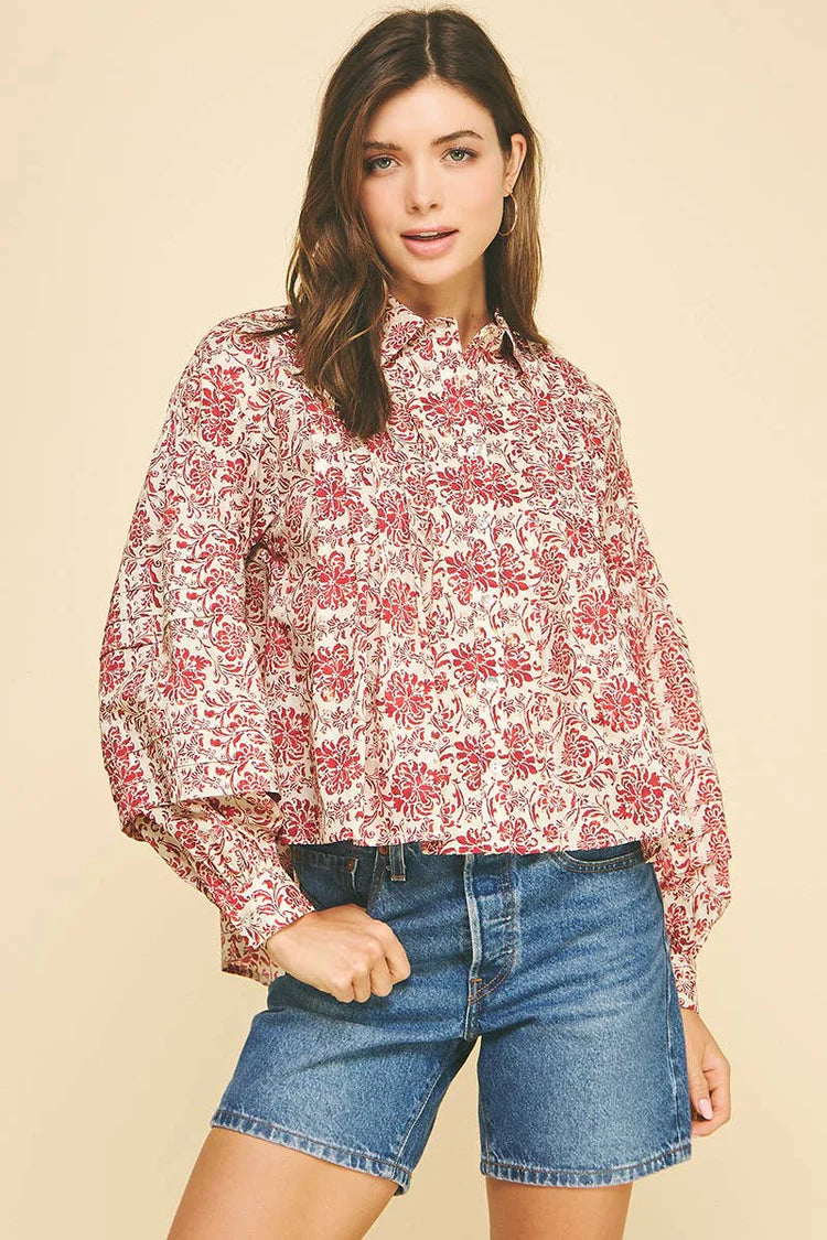 Floral Print Pleat Detail Shirt Pinch