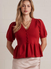 Solid Scallop Trim V-Neck Short Puff Sleeve Top Entro