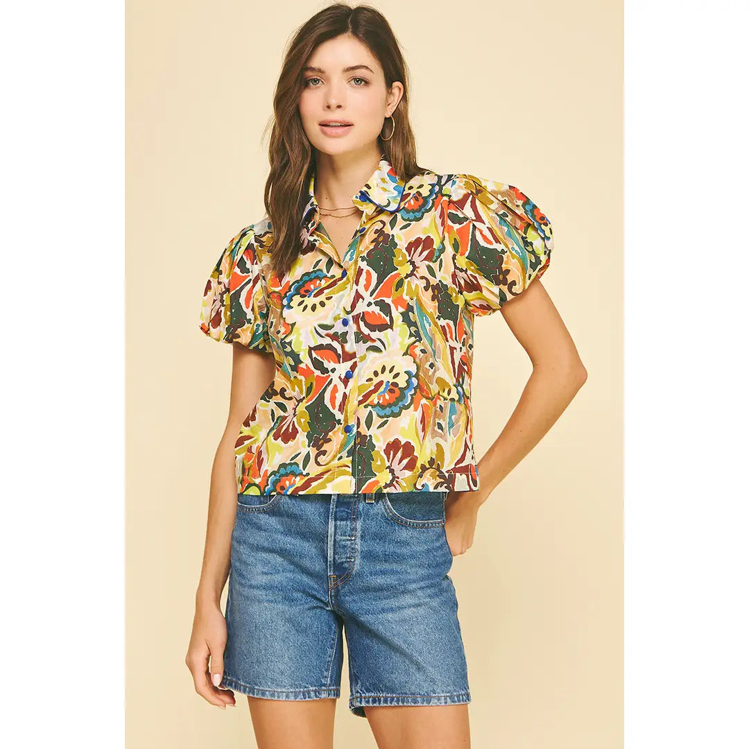 Floral Print Puff Sleeve Blouse Pinch