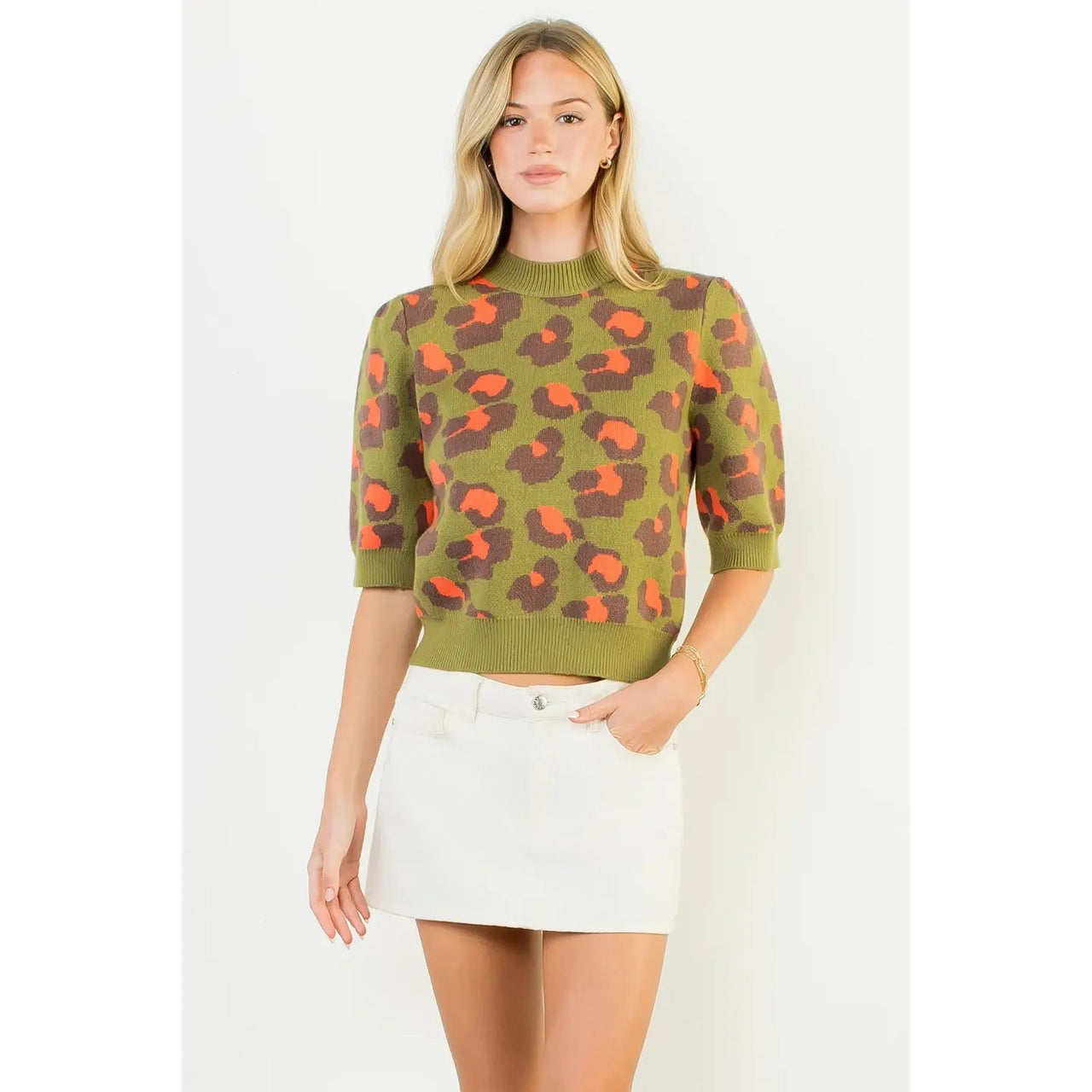 Short Sleeve Leopard Print Knit Top THML