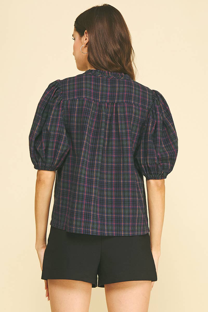 Plaid Puff Sleeve Blouse Pinch