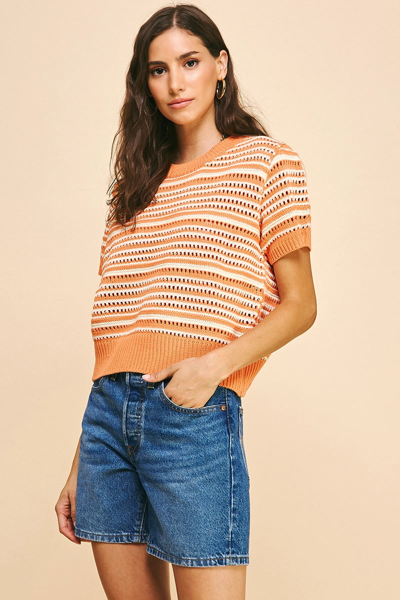 Eyelet Stripe Short Sleeve Sweater