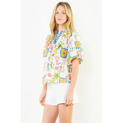 Puff Sleeve Pattern Detail V-Neck Top THML