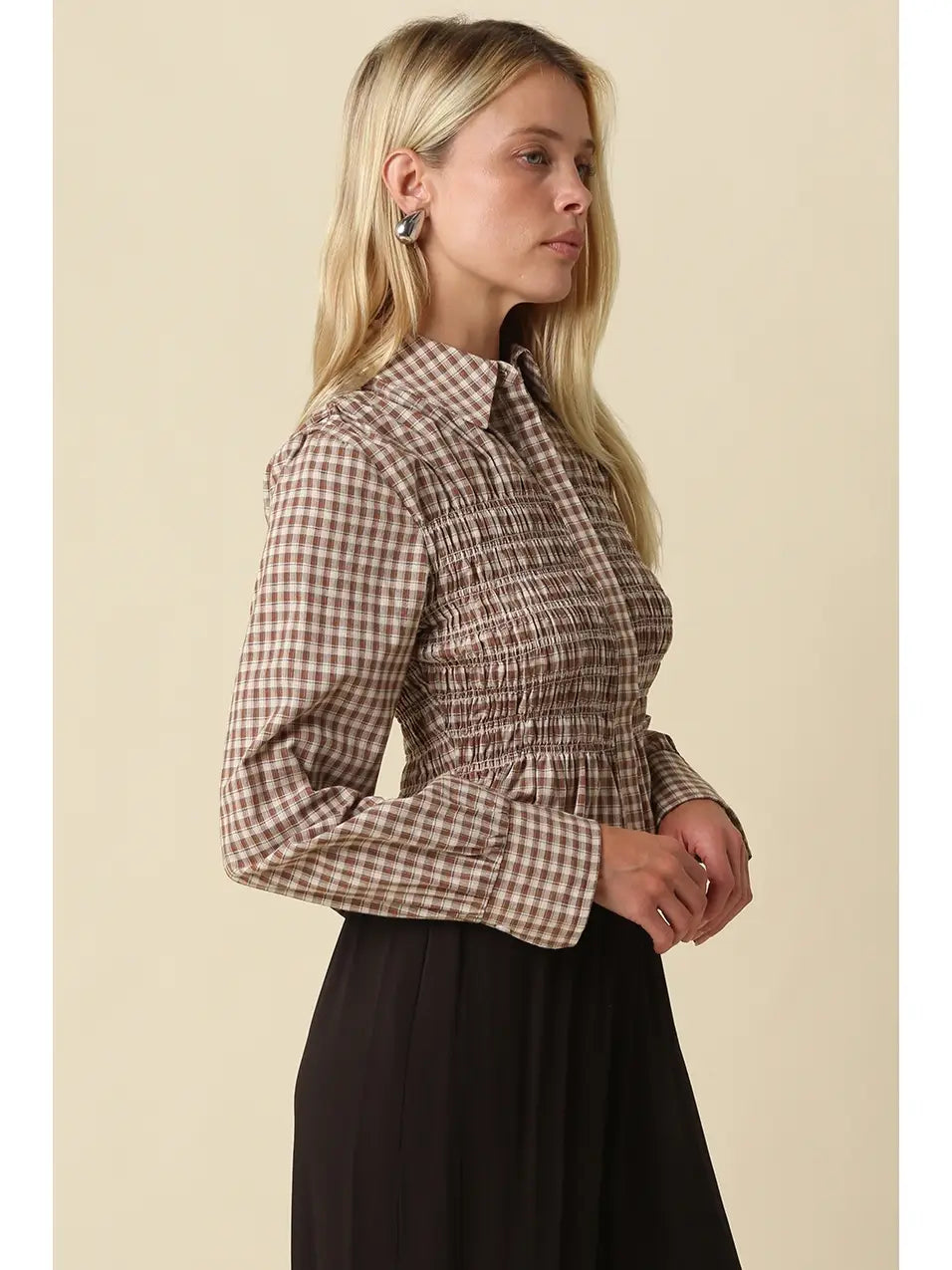 Piper Smocked Gingham Peplum Blouse Olivaceous
