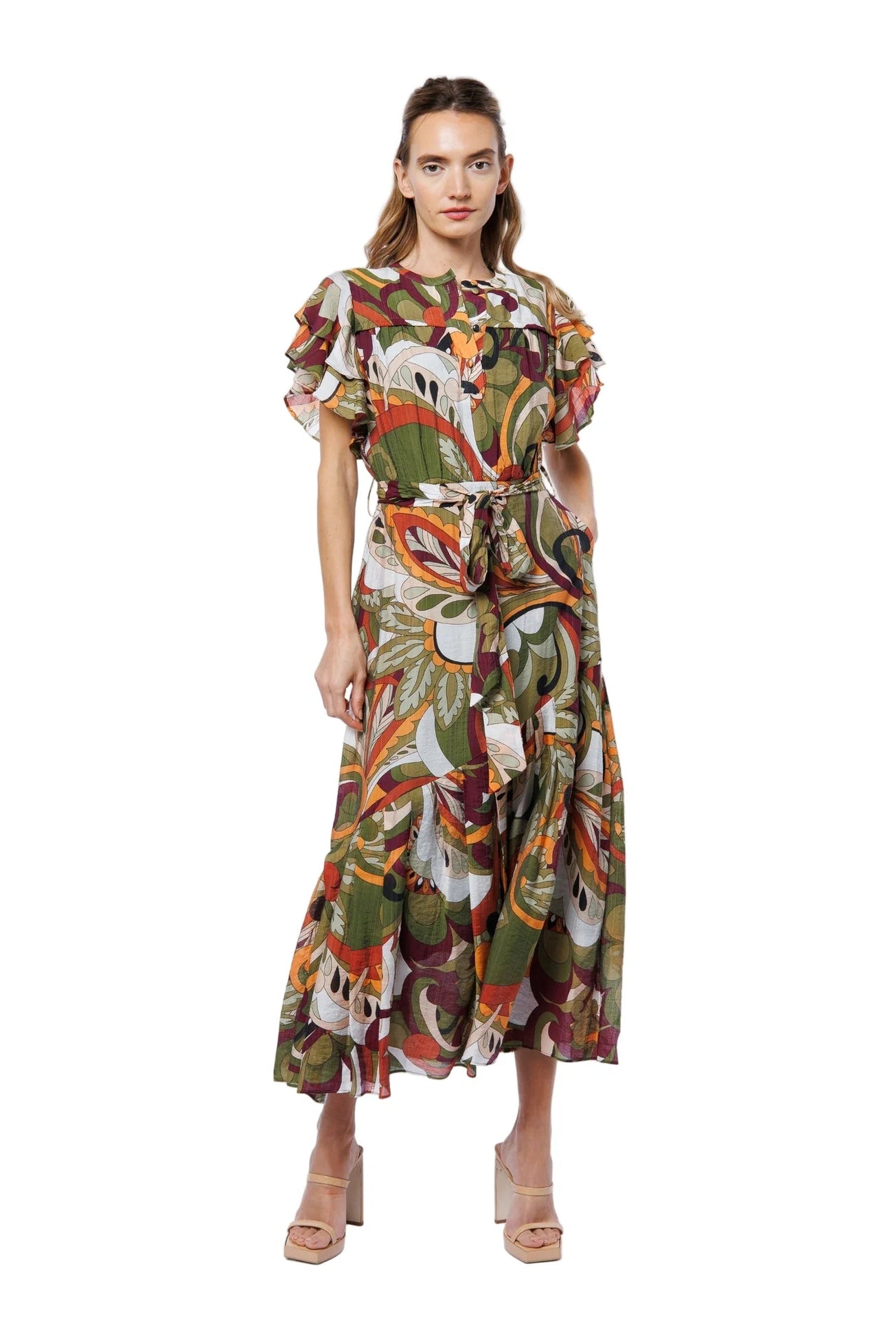 Nythia Printed Flutter Midi Dress Ciebon
