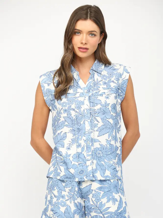 Floral Tuck Detail Split Neckline Button Down Shirt Fate