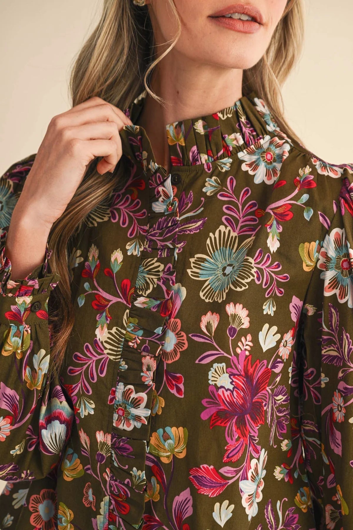Floral Print Ruffled Button Down Top Merci