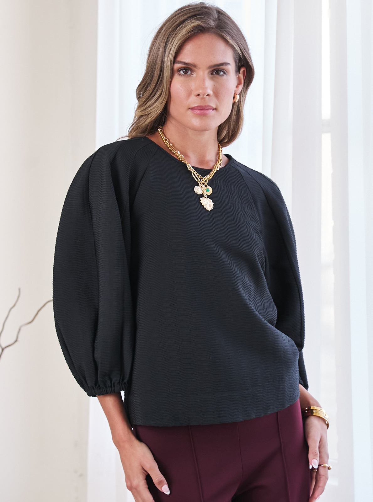 Textured Fabric Voluminous Sleeve Top Current Air