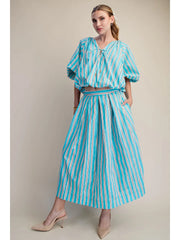 A-Line Pleated Stripe Midi Skirt Glam