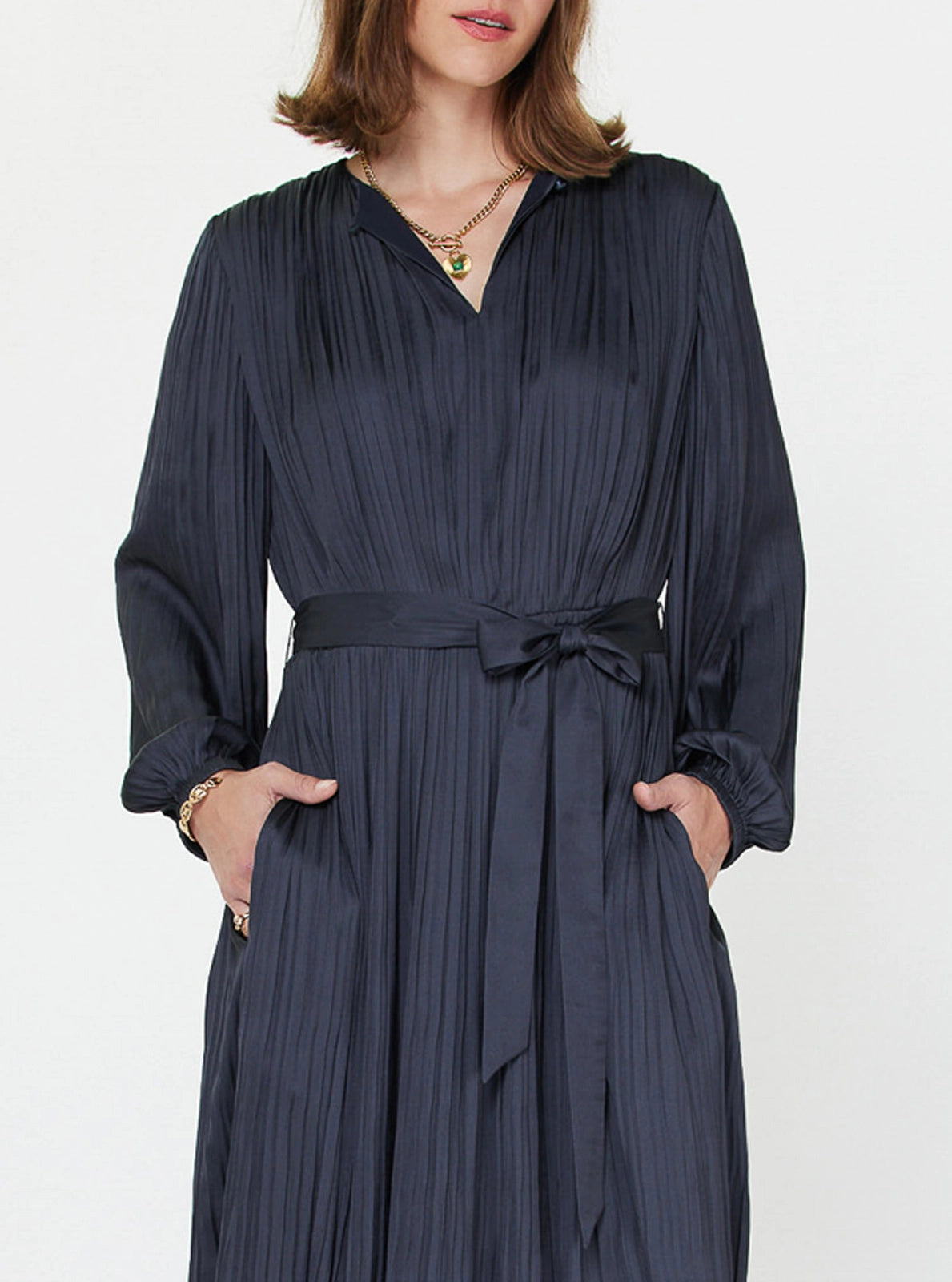 Pleated Long Sleeve Midi Dress Current Air