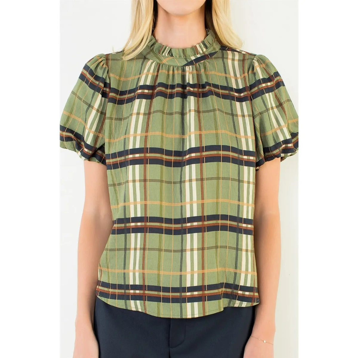 Ruffled Neck Plaid Top THML
