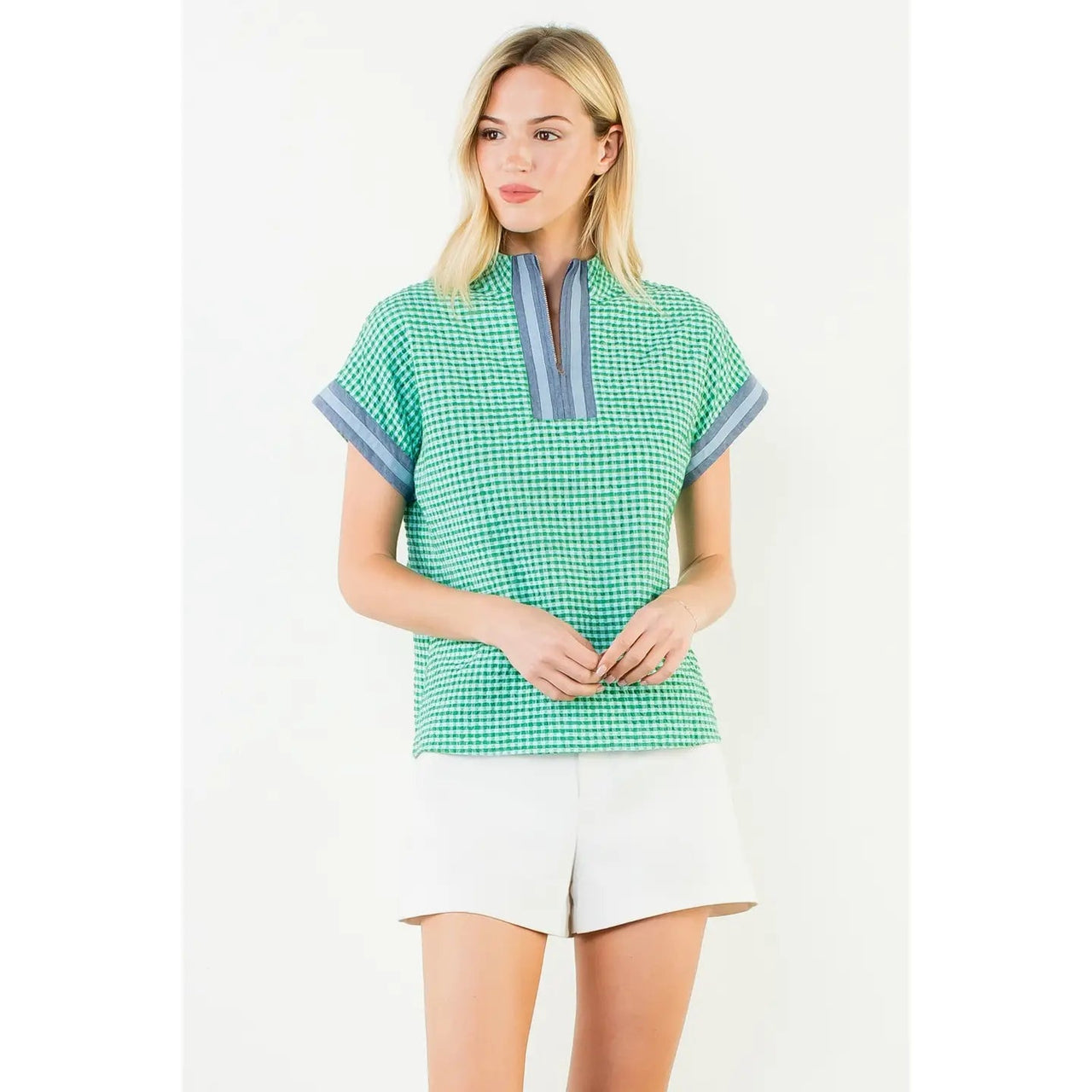 Short Sleeve Gingham Patterned Top THML