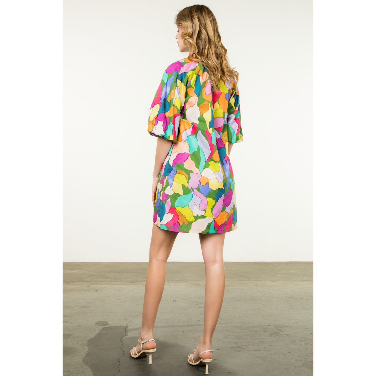 Puff Sleeve Multi Color Dress