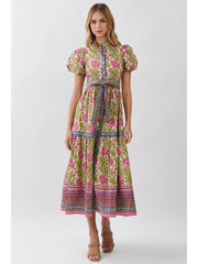 Floral Border Print Tie Waist Maxi Dress TCEC