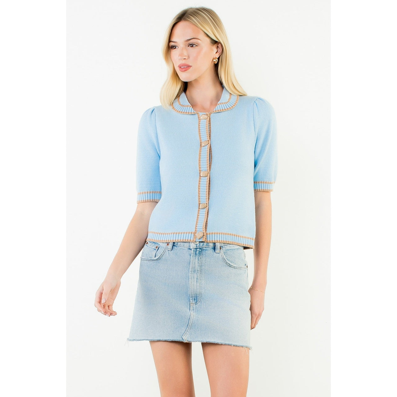 Contrast Trim Button Front Knit Top THML