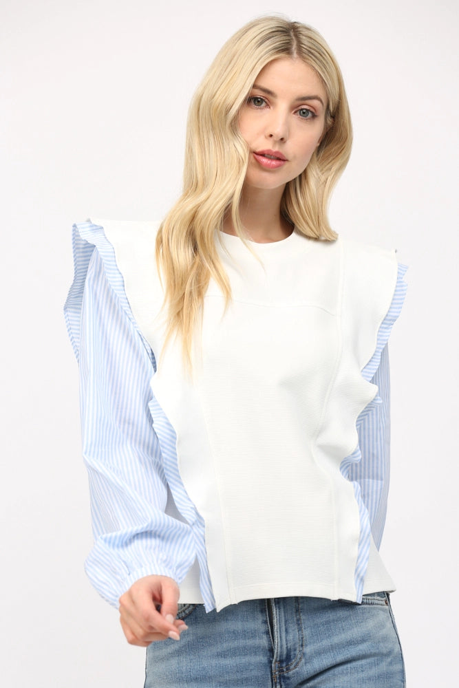 Contrast Stripe Ruffle Long Sleeve Top