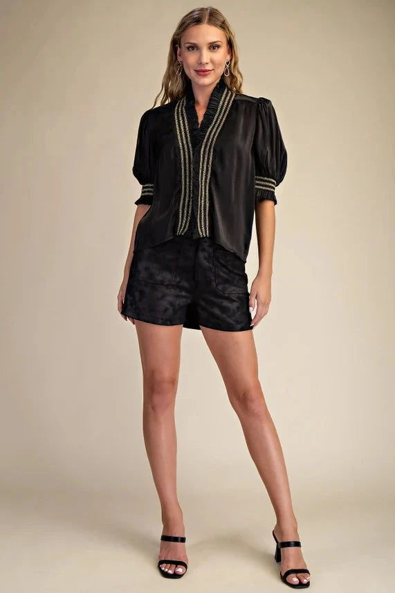 Ruffle V-Neck Smocked Puff Sleeve Blouse Glam