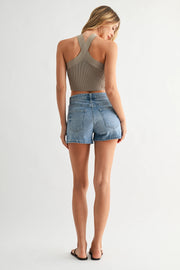 Regular Hem Stretch Short w/ Hidden Slit Just Black Denim