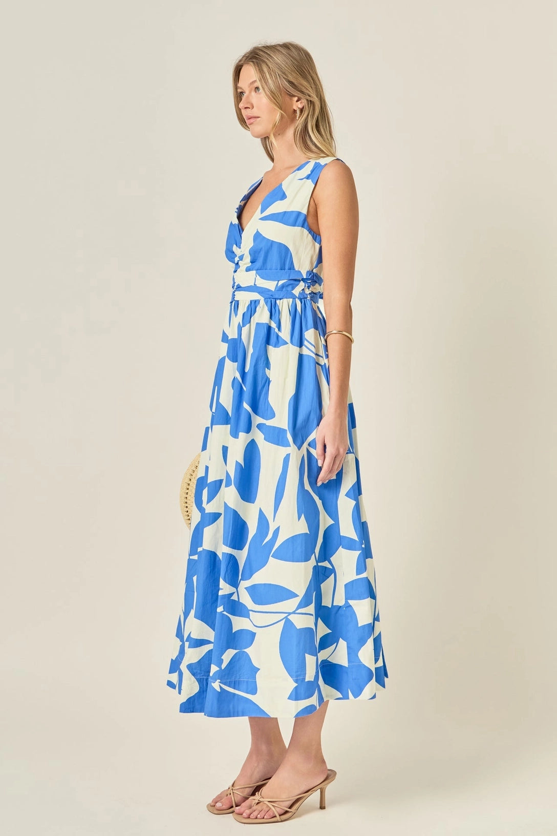 Puff Sleeve Print Ruched Midi Dress English Factory
