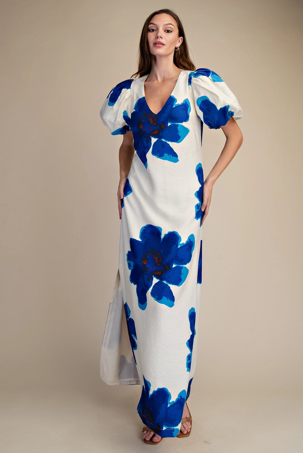 Floral Puff-Sleeve A-Line Maxi Dress Glam