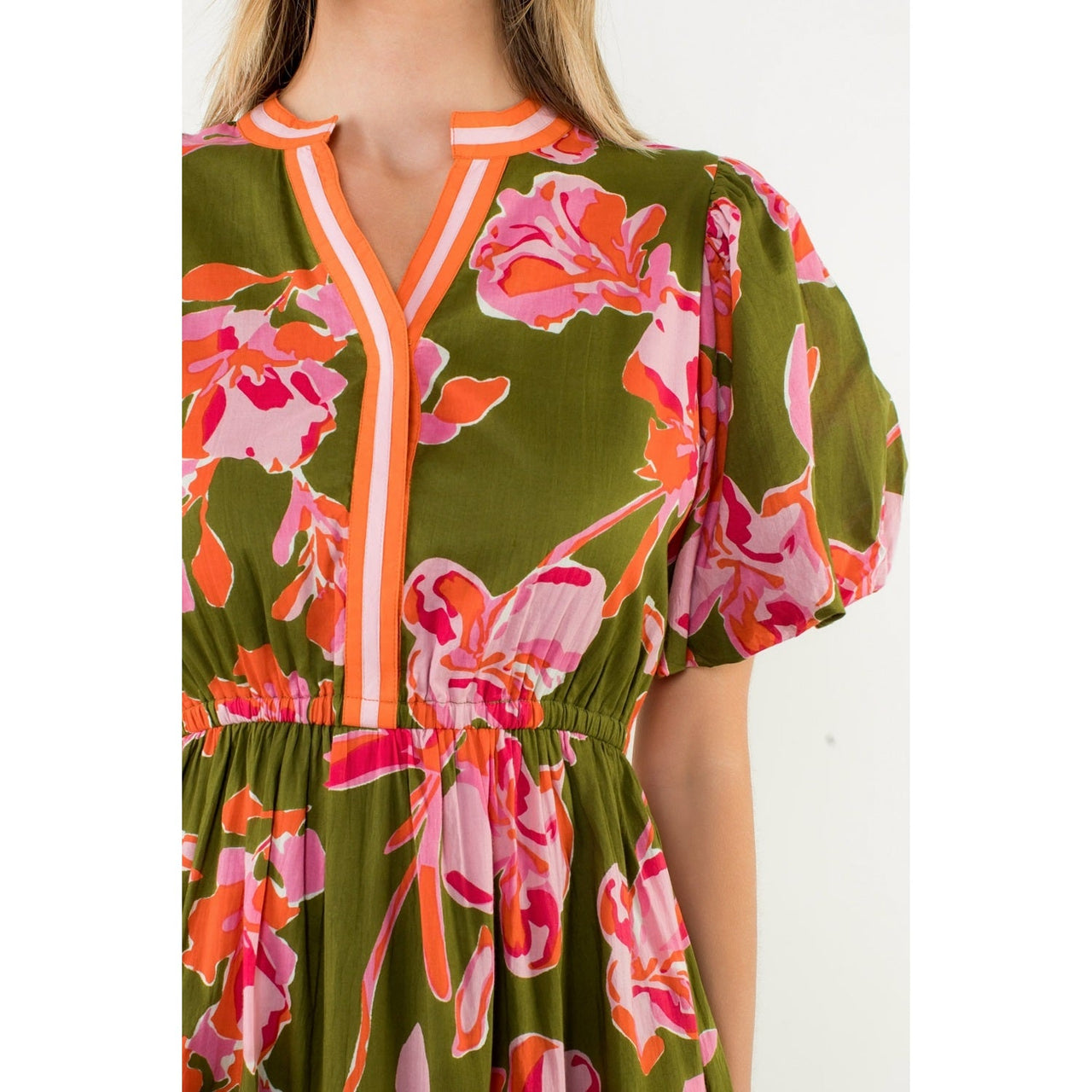 Puff Sleeve Flower Print Dress THML