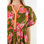 Puff Sleeve Flower Print Dress THML